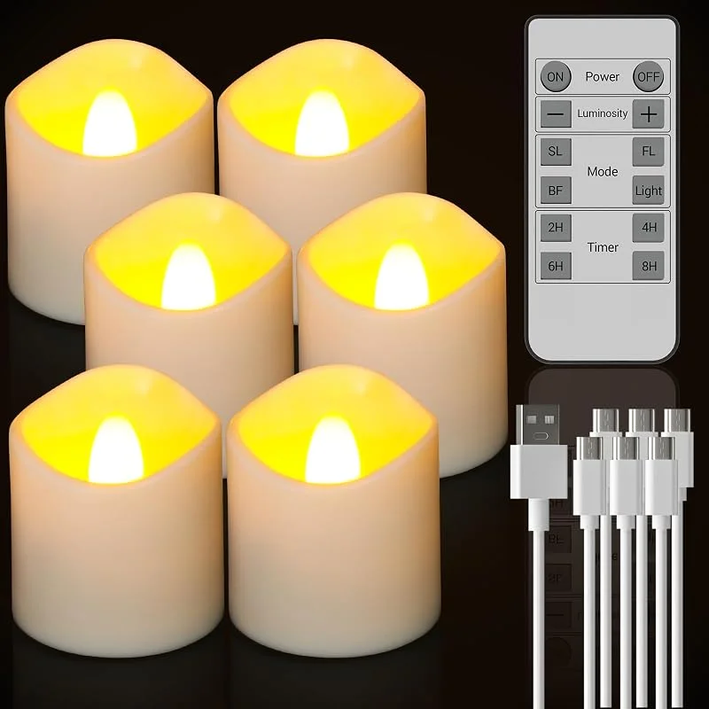 Ymenow Velas LED recargables con temporizador de control remoto, 6 unidades luces LED sin llama que funcionan con pilas parpadeantes con cable USB de 6 puertos para decoración Navidad casa boda — Cena a la luz de velas