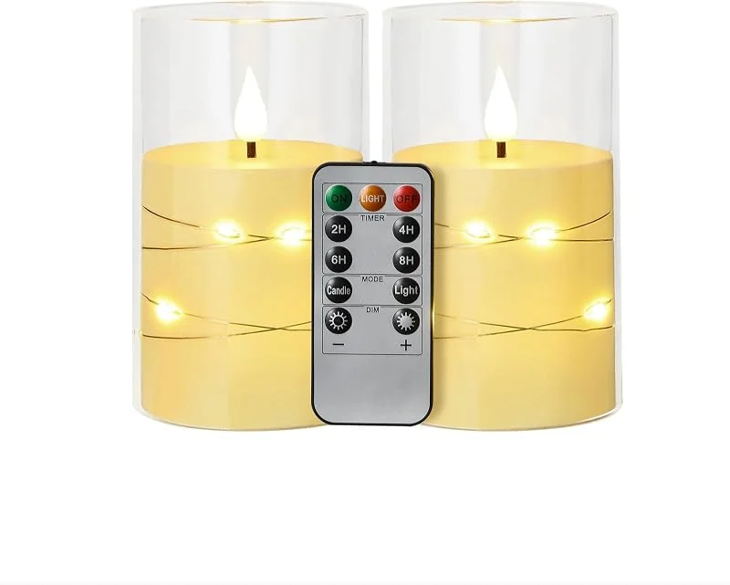 Koelaa Pack de 2 Velas LED sin Llama con Control Remoto y Efecto Llama Realista, Vela LED con Cadena de Luces Incrustadas - Decoración para Hogar, Navidad, Bodas, Fiestas y Mesas (Blanco) - 7, 5x10cm — Cena a la luz de velas