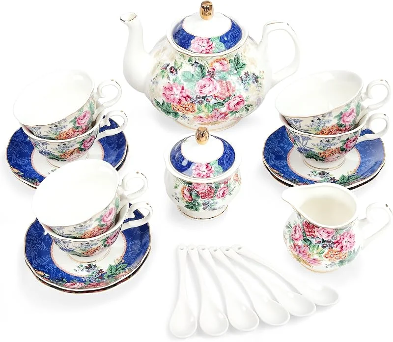 Visita la tienda de fanquare fanquare Juego de Té de Porcelana Flor Azul de 15 Piezas, Juego de Taza y Plato de Té de Cerámica Flor Rosa para 6, Juego de Café de China para Adultos y Mujeres — Adviento y mesa