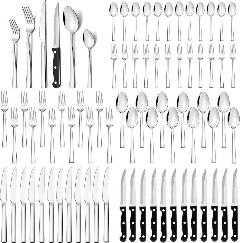Joyfair - Cubertería para 12 personas, 72 piezas, acero inoxidable, con cuchillo de carne, cubiertos de alto pulido, modernos y elegantes para el hogar, restaurante o hotel, apto para lavavajillas — Adviento y mesa