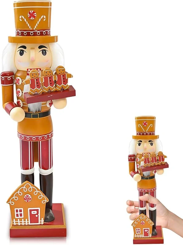 yayafunfun Adornos de soldado cascanueces marrón, decoraciones de Navidad, figuras de cascanueces de Navidad de 14 pulgadas grandes, muñeca de madera pintada tradicional, muñeco de marioneta soldado cascanueces — Decoracion Navidad