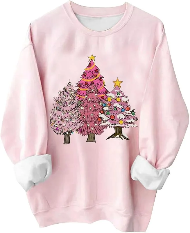tacniseyw Sudadera de Navidad para mujer, suéter de árbol de Navidad, talla grande, camisetas de manga larga con estampado de árbol de Navidad, sudadera cálida de invierno, casual, cuello redondo — Ropa Navidad