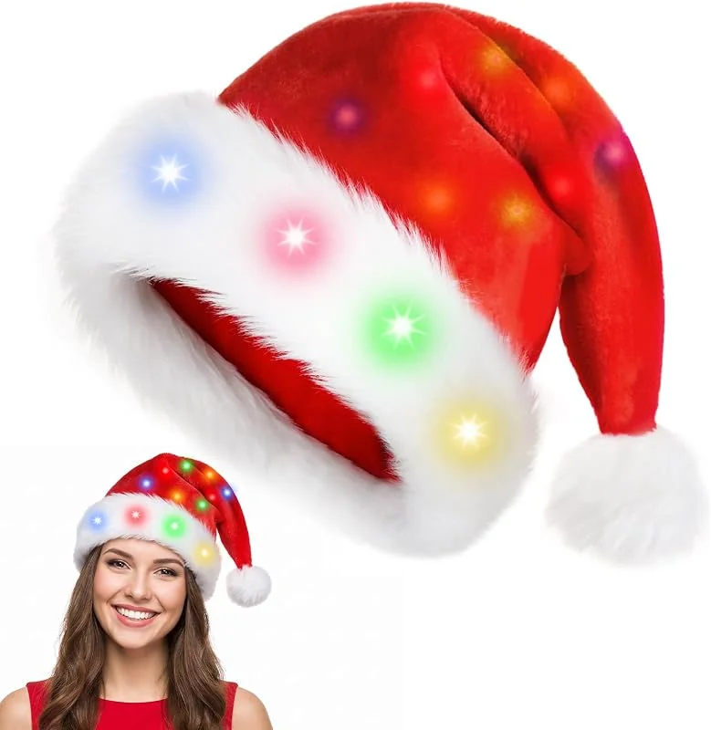 LQTSLFM Gorro Navideño con LED, Gorro de Papá Noel Luminoso de Felpa para Adultos — Ropa Navidad