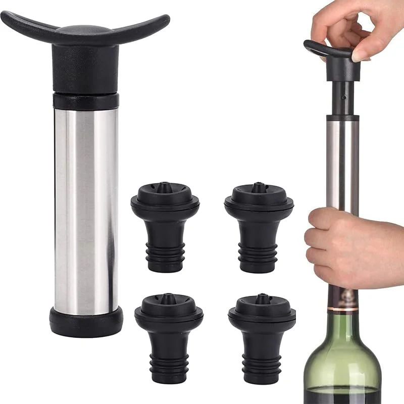 SEABABOO Bomba De Vacío Wine Saver De Acero Inoxidable Bomba Vacío Vino Con 4 Tapones Tapón De Vino Y Conservador Reutilizable Cierre Al Vacío Para Protección De Botellas (Negro) — Vino y mesa festiva