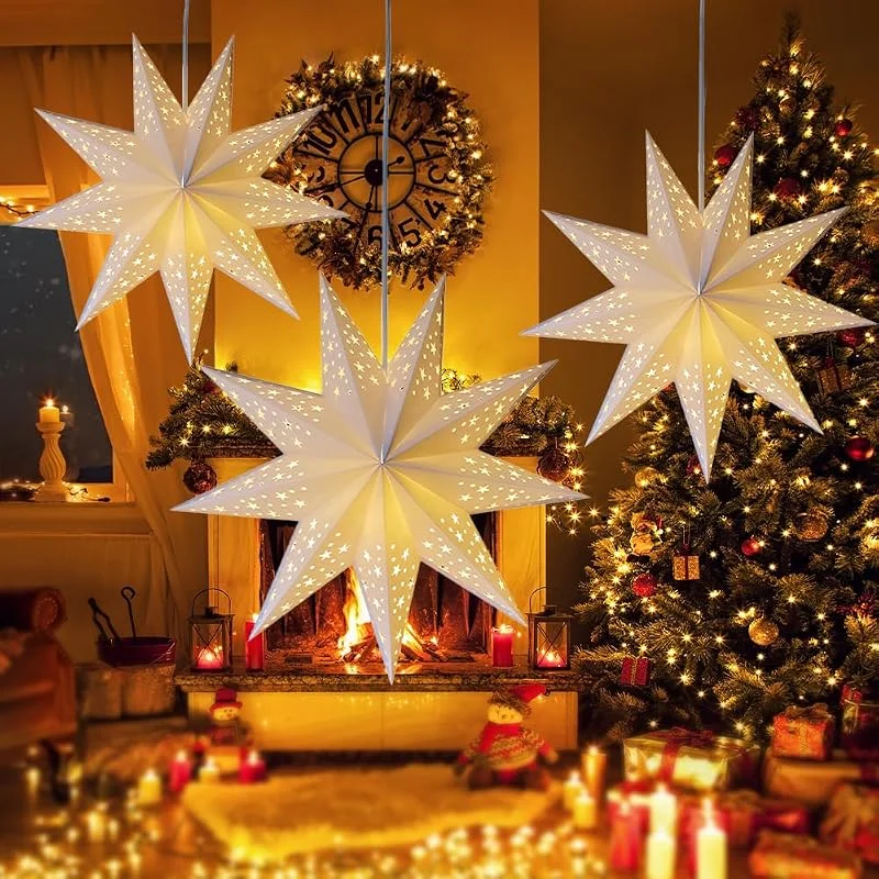 Rppiup Estrella Navidad Papel, 45cm Estrellas Navidad iluminada, Estrella Papel Plegables, Estrélla Pápel iluminada Colgar, Estrélla Pápel Blanco, Estrellás iluminad para Decoraciones Navideñas (3 Pcs) — Decoracion Navidad