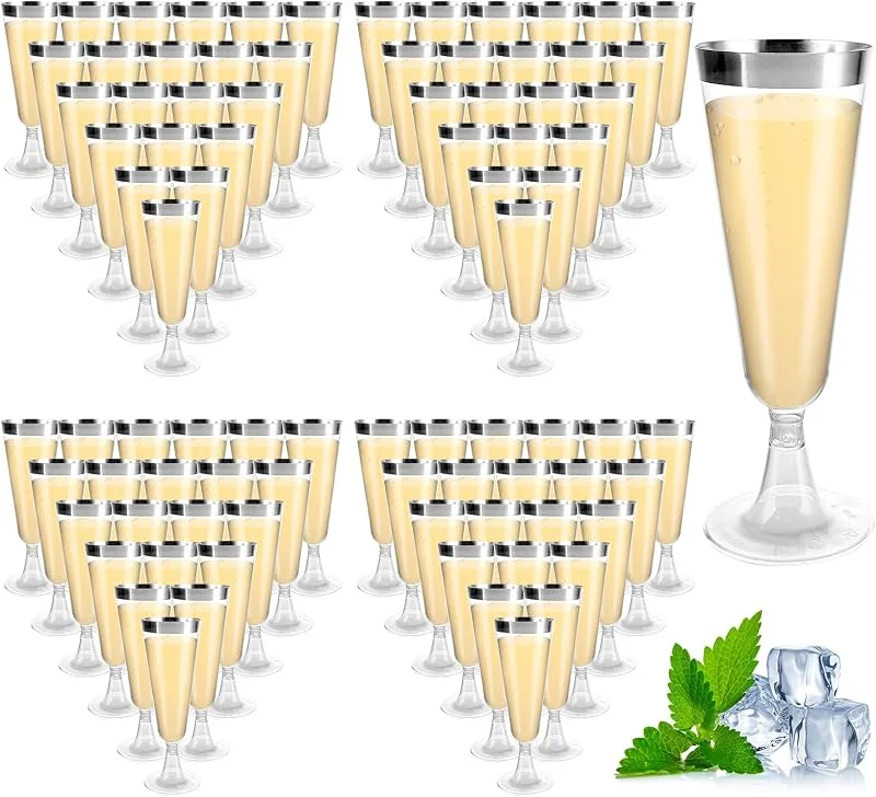 AKOLAFE 100 Piezas Copas Champan Plástico Transparente, Copas de Cava 160 ml con Borde Plateado y Base Desmontable para Bodas Cumpleanos Fiestas Cocteles — Vino y mesa festiva