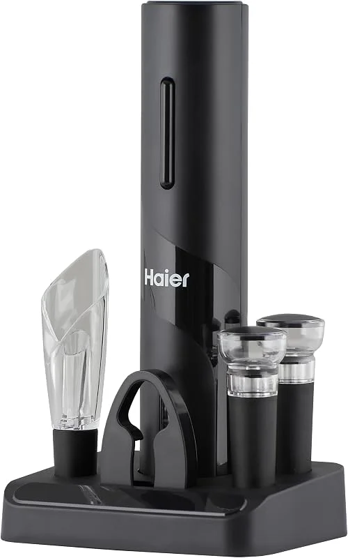 Visita la tienda de Haier Haier Set de Vino Eléctrico a Batería, Incluye Aireador y Recogegotas en forma de Tulipán, Abrebotellas con Batería, Cortacápsulas, 2 Tapones de Vacío, Base para Conservación. — Vino y mesa festiva
