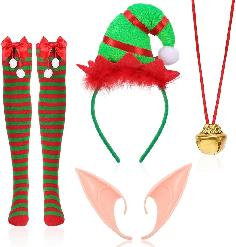 HOWAF Disfraz de Elfo Navideño para Niños y Adultos, Diadema de Navidad Elfo del Pelo Diadema de Elfo Orejas de Elfo Orejas de Duende Medias de Elfo de Rayas Collar Navidad Party Favors Decorations — Ropa Navidad