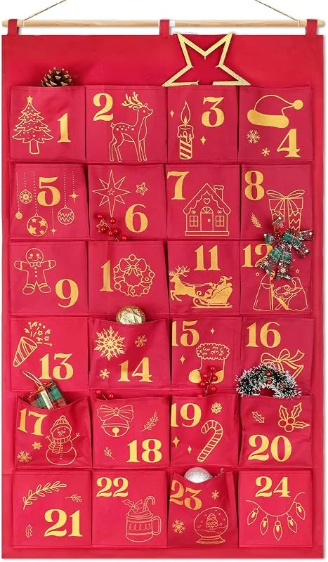 DPKOW Dorada Vacio Calendario de Adviento para Rellenar, Tela Calendario Adviento Vacio DIY Calendarios Navidad Rellenable, Original Purpurina Patrón Rojo Dorado, Grande Bolsa — Adviento y mesa