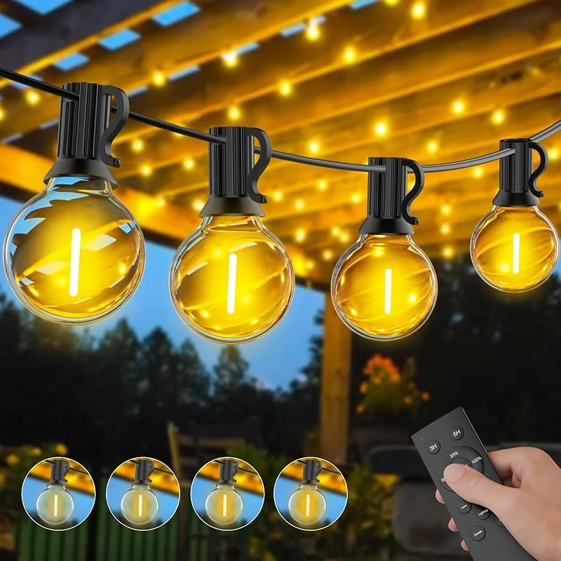 Vemirace Guirnalda Luces Exterior Regulables, 30M Luces Exterior Jardin con Control Remoto, 50+2 LED Bombillas, IP45 Impermeable, Baja Tensión 24V, Blanco Cálido para Patio, Balcón, Camping, Fiestas — Luces Navidad