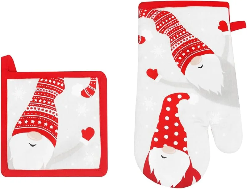 KASANOVA Set de Guante de Horno y agarradera con gnomos navideños – Textil de Cocina de Fibra, Ideal para bandejas y Fuentes Calientes (Blanco) — Hogar y cocina